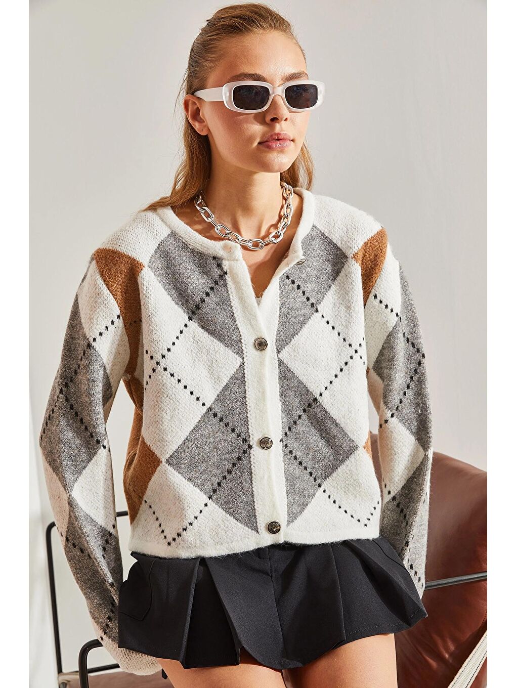 Gri Kadın Baklava Desenli Triko Hırka-2