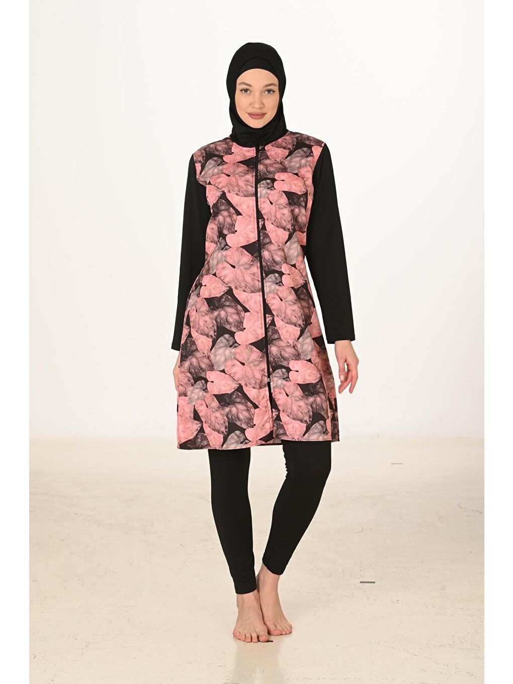 Pembe Tam Kapalı Desenli Paraşüt Kumaş Tesettür Mayo 3446-1