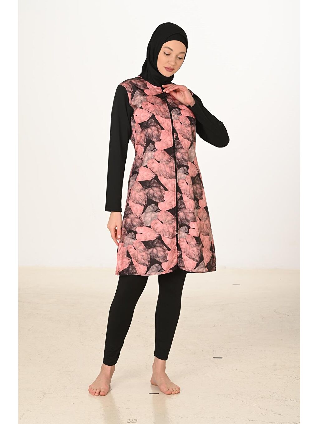 Pembe Tam Kapalı Desenli Paraşüt Kumaş Tesettür Mayo 3446-2