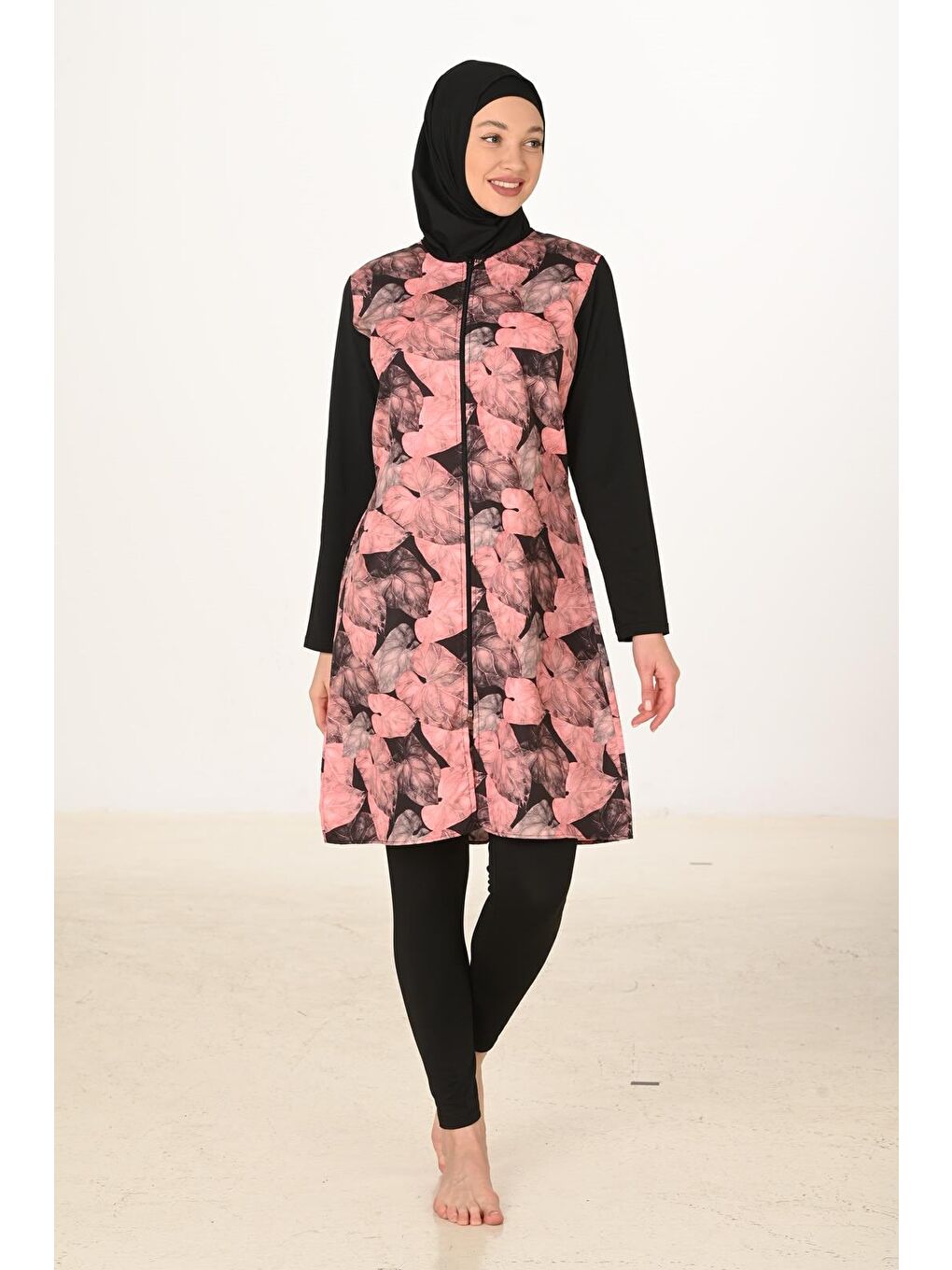 Pembe Tam Kapalı Desenli Paraşüt Kumaş Tesettür Mayo 3446-3