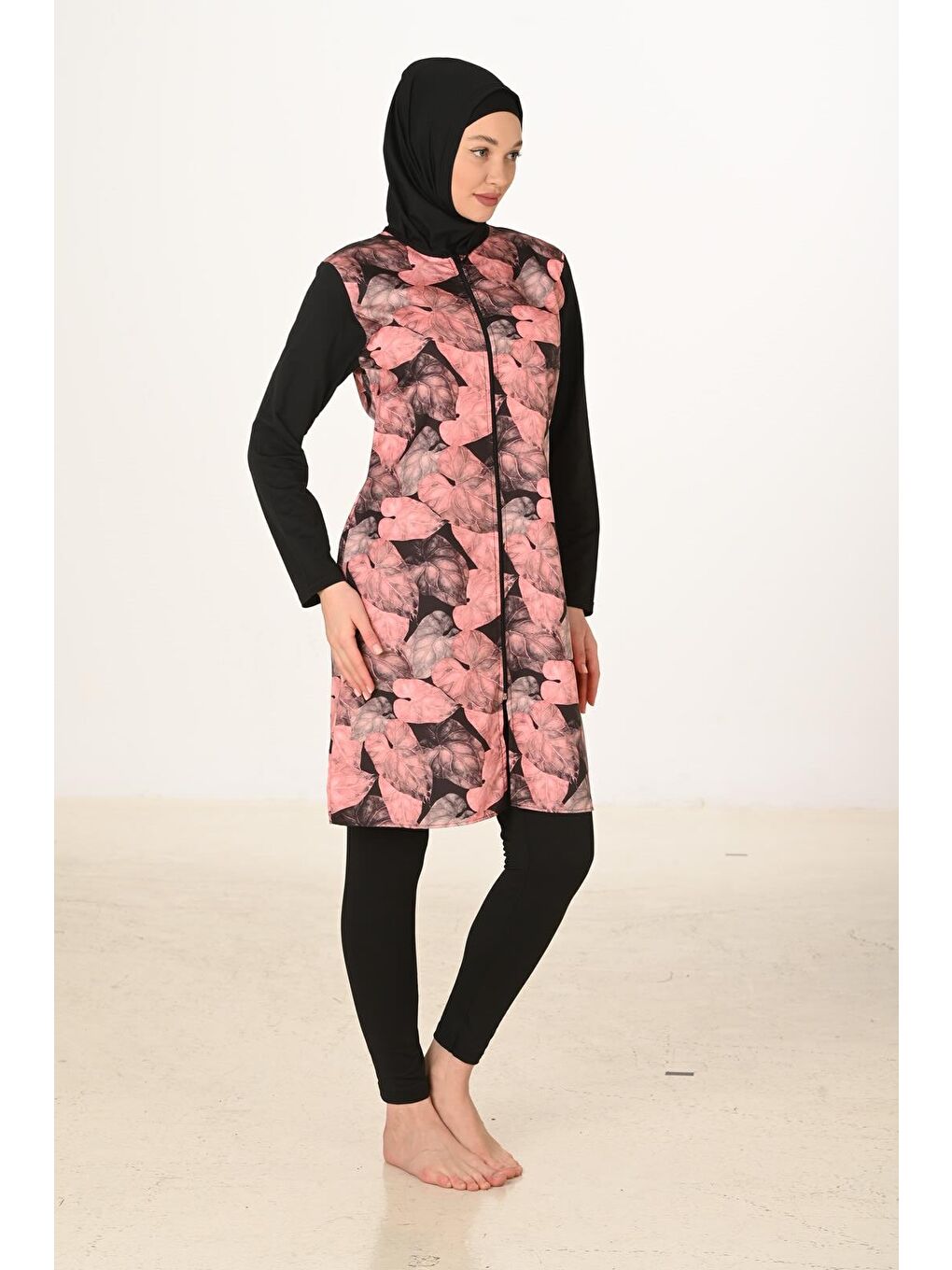 Pembe Tam Kapalı Desenli Paraşüt Kumaş Tesettür Mayo 3446-4