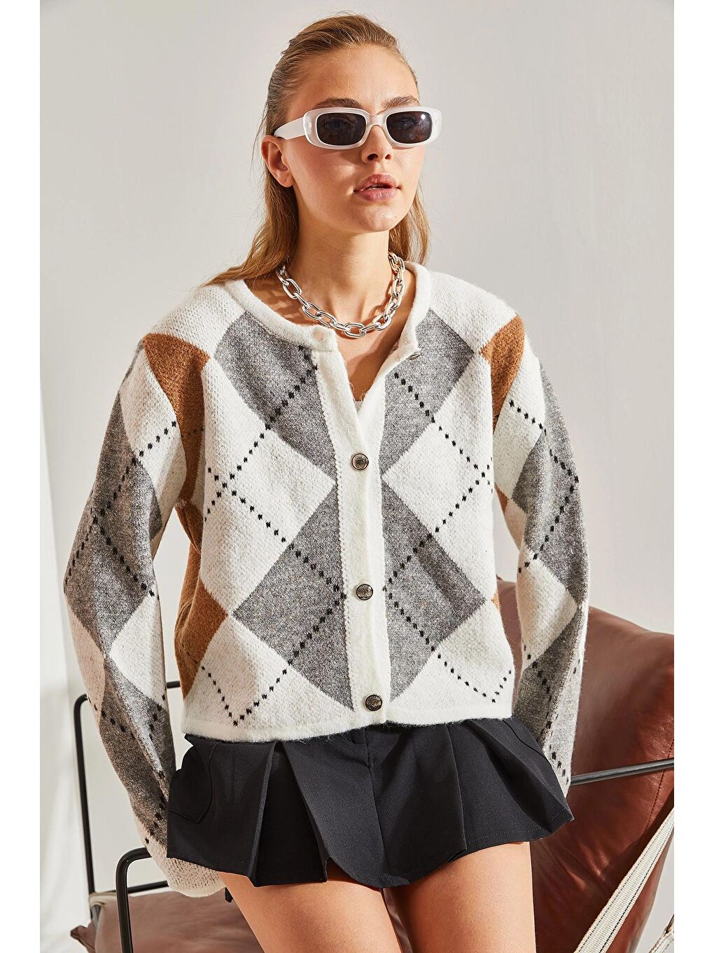 Gri Kadın Baklava Desenli Triko Hırka-3