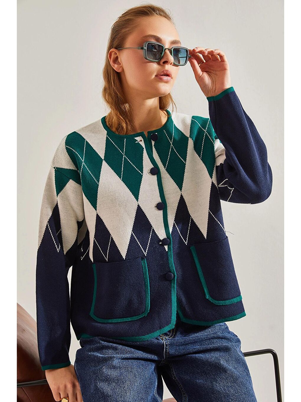 Haki Kadın Baklava Desenli Triko Hırka