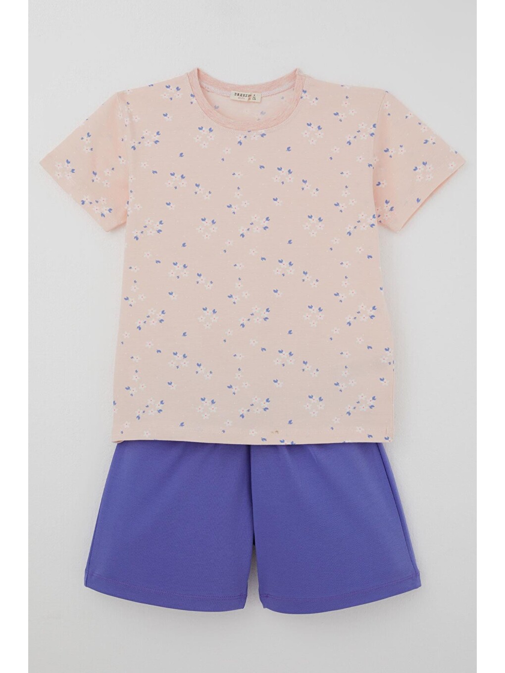 Pembe Kız Çocuk Şortlu Pijama Takımı Çiçek Desenli Pudra (4-8 Yaş)