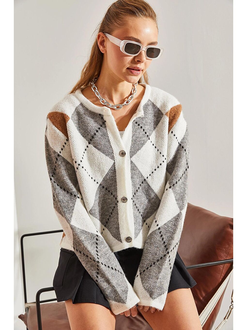 Gri Kadın Baklava Desenli Triko Hırka-4