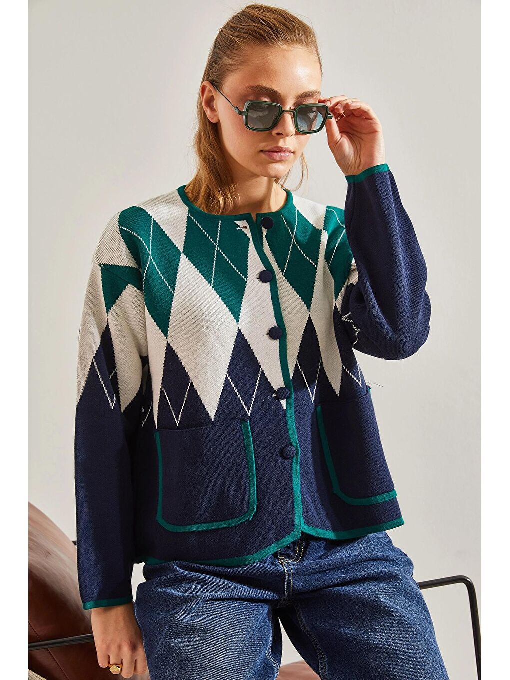 Haki Kadın Baklava Desenli Triko Hırka-1