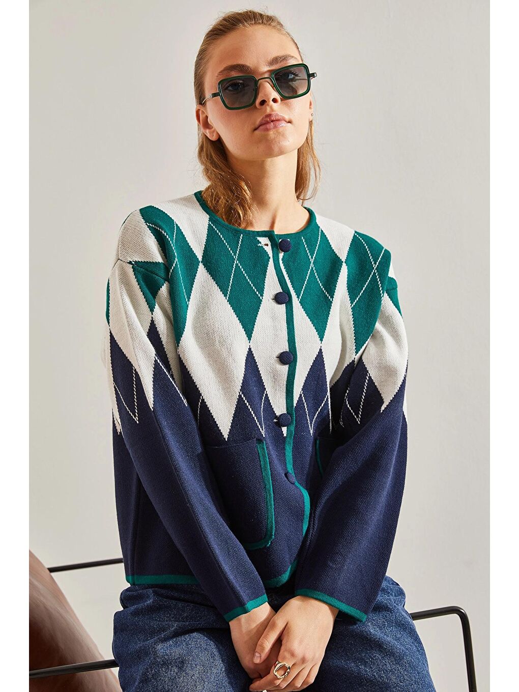 Haki Kadın Baklava Desenli Triko Hırka-2