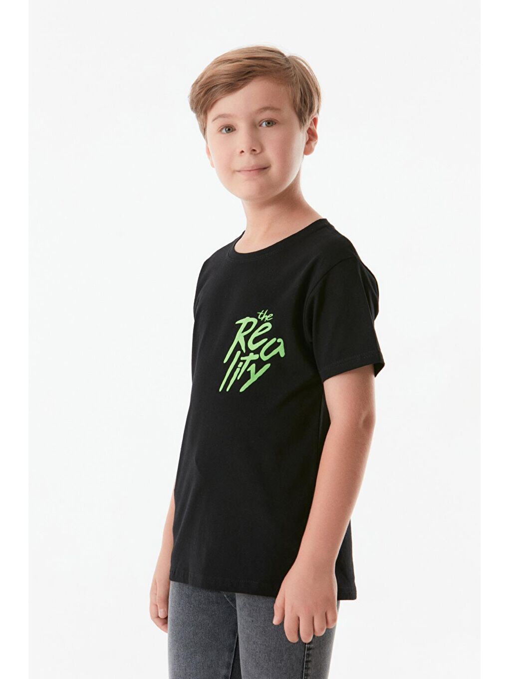 Siyah Önü Ve Arkası Baskılı Bisiklet Yaka Erkek Çocuk Tişört