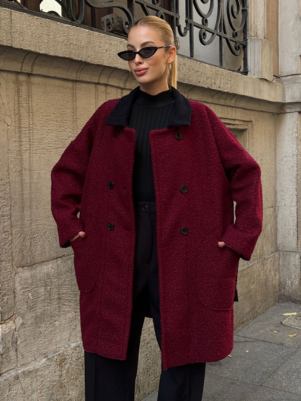 Buklet Kumaş Yaka Detay Düğmeli Mont Bordo-1