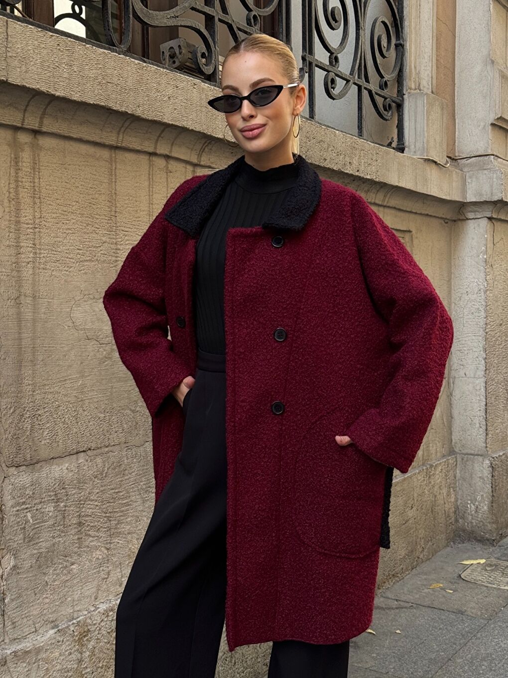 Buklet Kumaş Yaka Detay Düğmeli Mont Bordo-2
