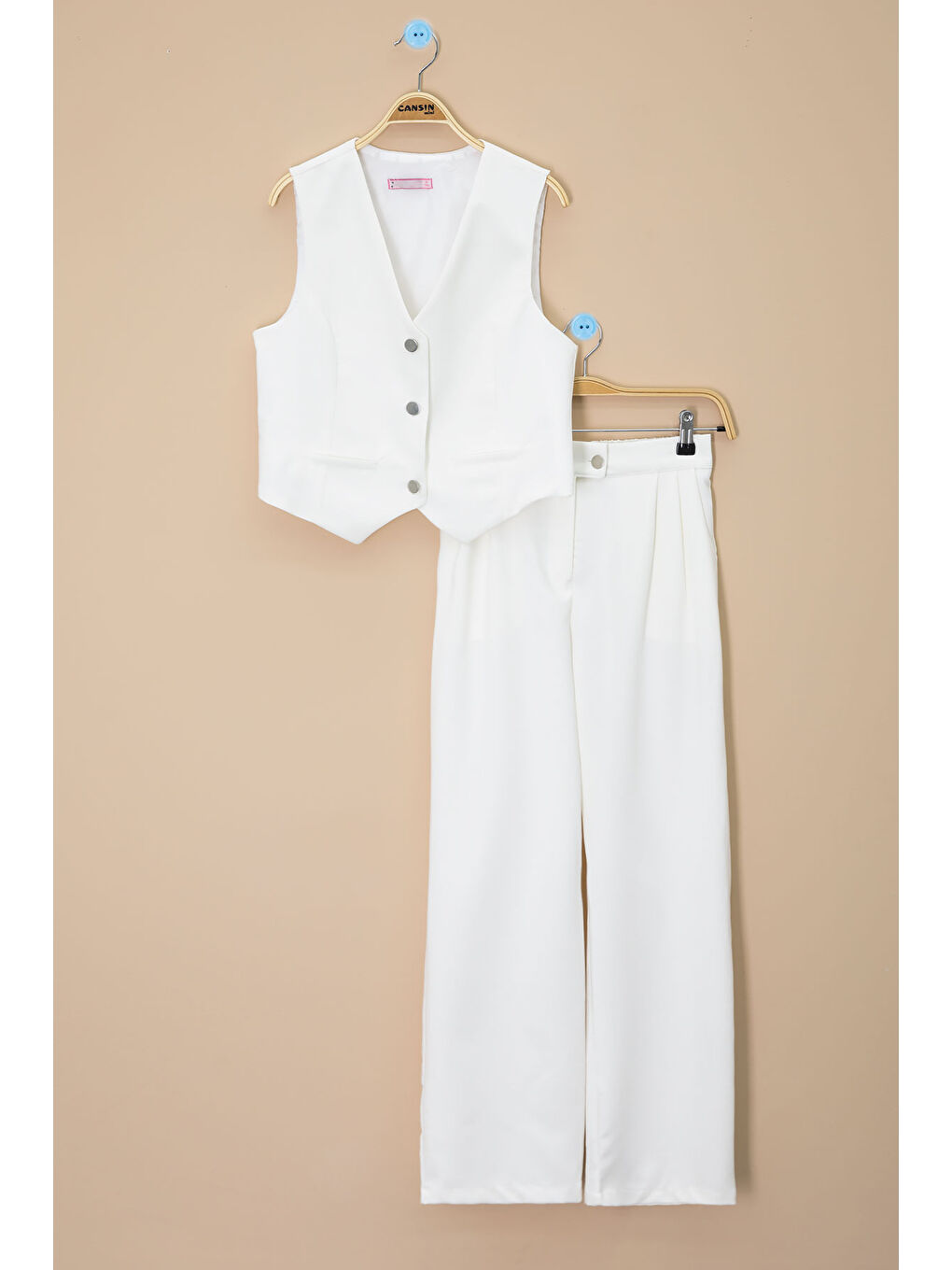 Ekru V Yaka Düğmeli Yelekli Geniş Paça Pantolonlu Kız Çocuk 2li Takım 20725-1