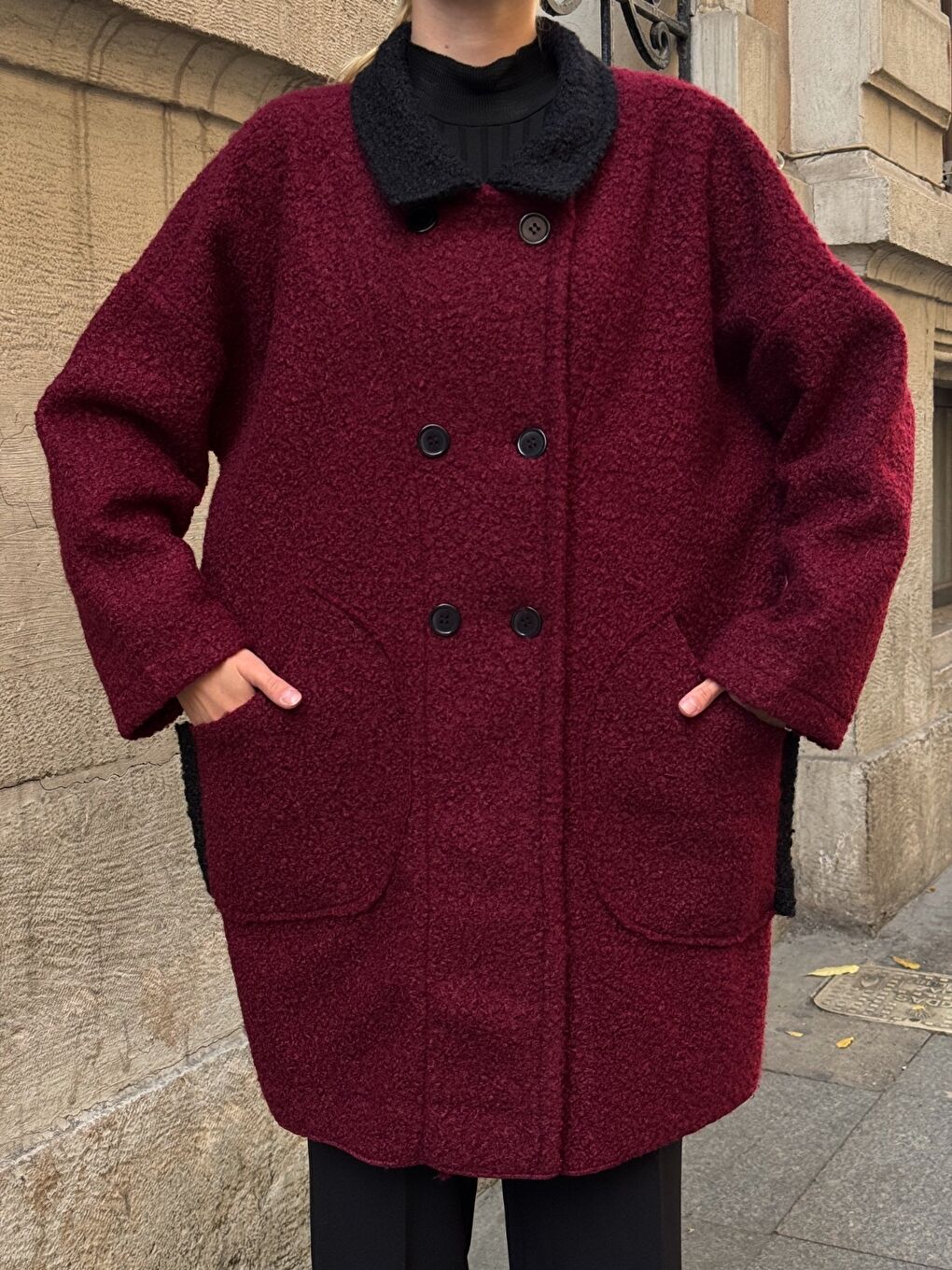 Buklet Kumaş Yaka Detay Düğmeli Mont Bordo-3