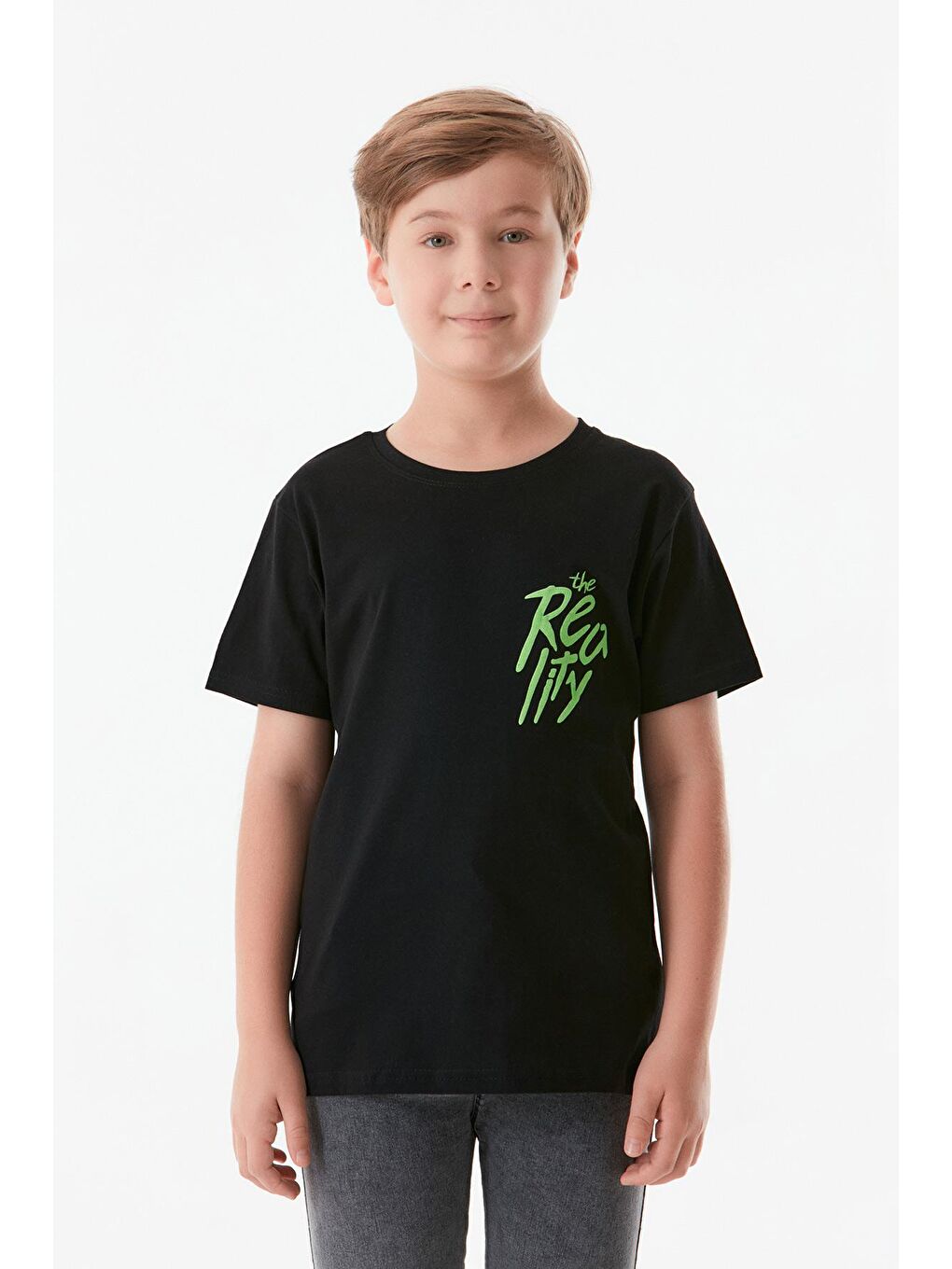 Siyah Önü Ve Arkası Baskılı Bisiklet Yaka Erkek Çocuk Tişört-1