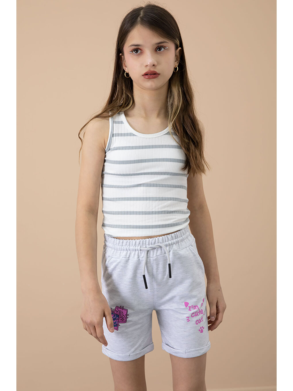 Gri Patili Cute Baskılı Kız Çocuk Beli Lastikli Şort 20727