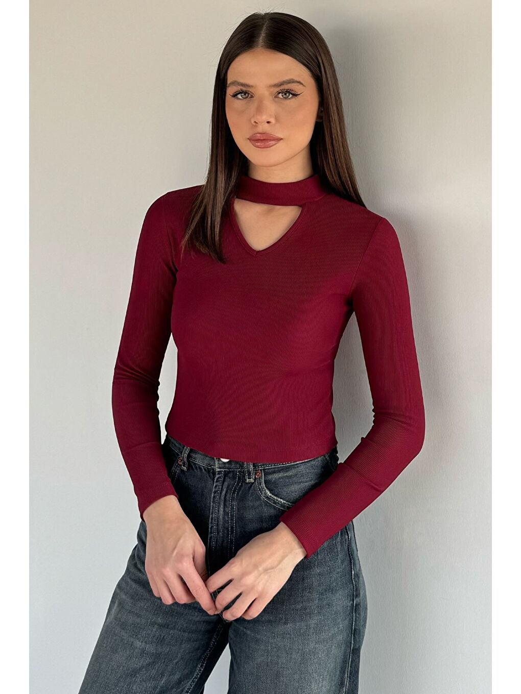 Bordo Kadın Ön Pencereli Kendinden Çizgi Desenli Bluz
