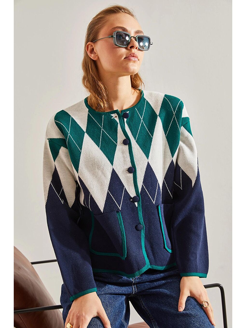 Haki Kadın Baklava Desenli Triko Hırka-3