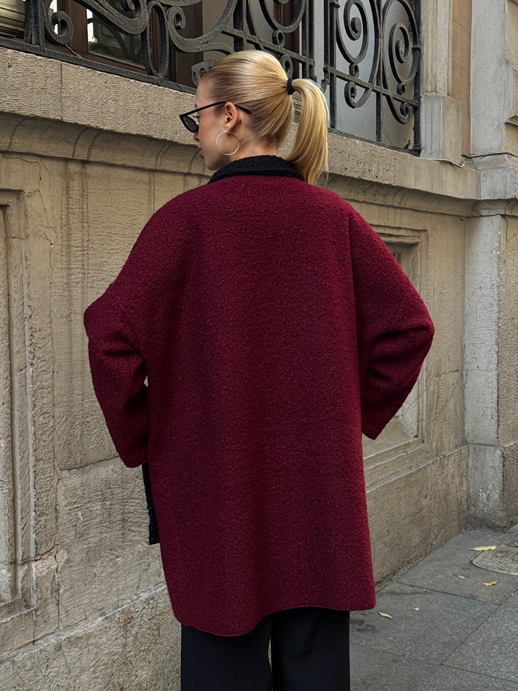 Buklet Kumaş Yaka Detay Düğmeli Mont Bordo-4
