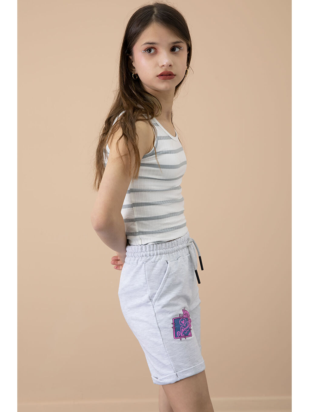 Gri Patili Cute Baskılı Kız Çocuk Beli Lastikli Şort 20727-3