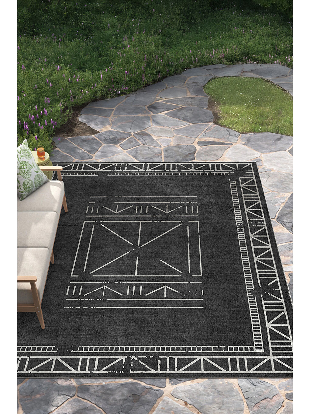 Siyah Dekoratif Salon Halısı, Makinada Yıkanabilir, Kaymaz Taban, İnce & Modern Tasarım-4