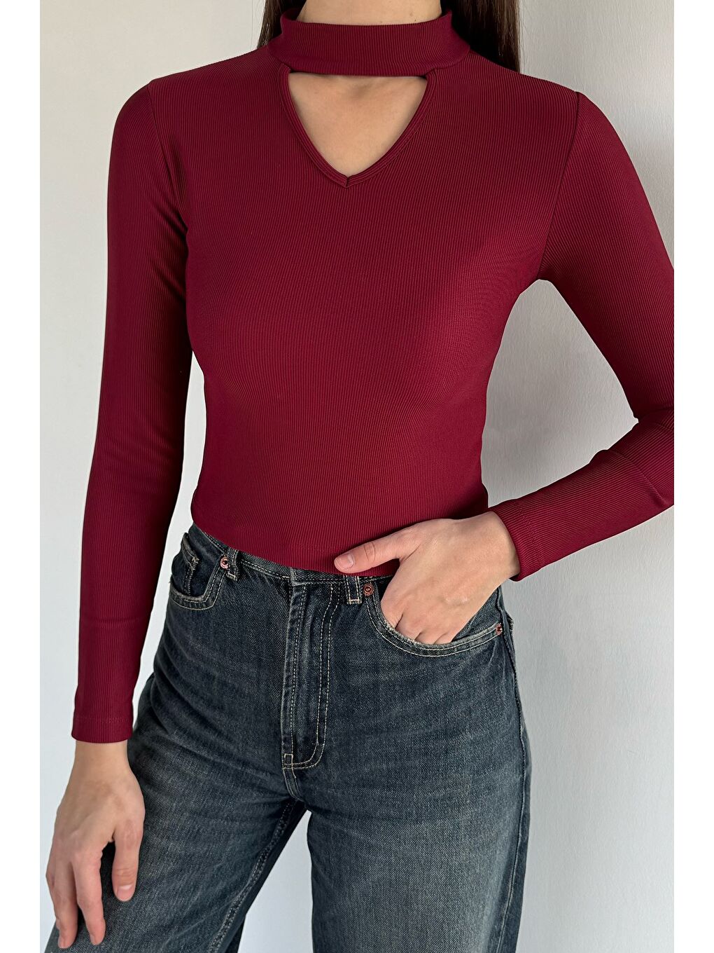 Bordo Kadın Ön Pencereli Kendinden Çizgi Desenli Bluz-1