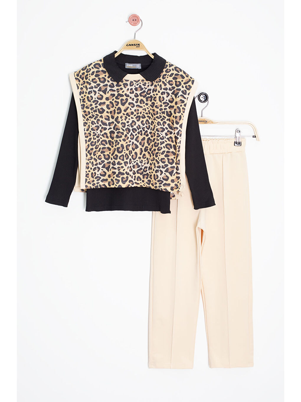 Ekru Krem Leopar Desenli Süveterli Badili Kız Çocuk Pantolonlu 3lü Takım 20665