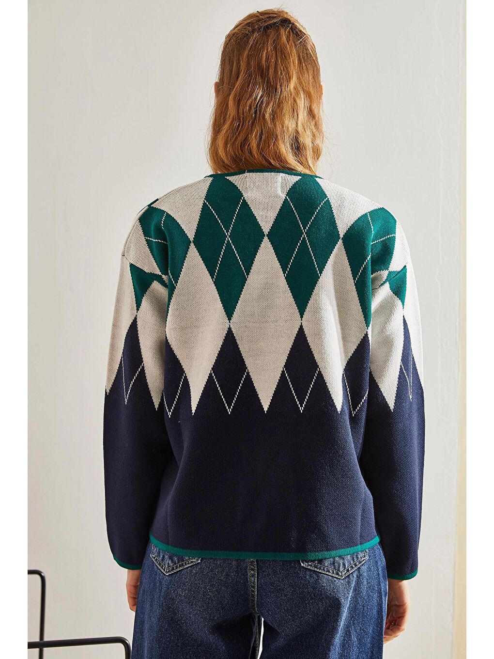 Haki Kadın Baklava Desenli Triko Hırka-4