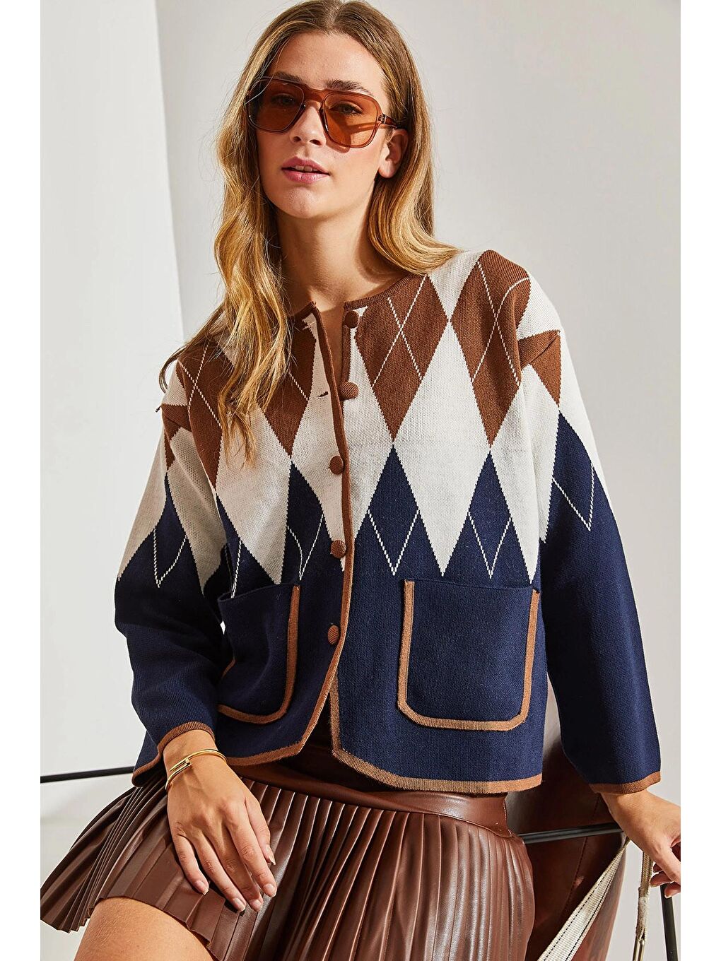 Lacivert Kadın Baklava Desenli Triko Hırka-1