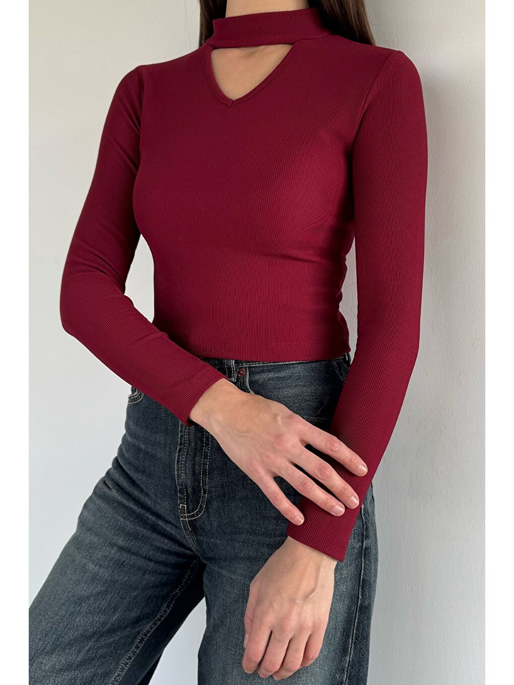 Bordo Kadın Ön Pencereli Kendinden Çizgi Desenli Bluz-2