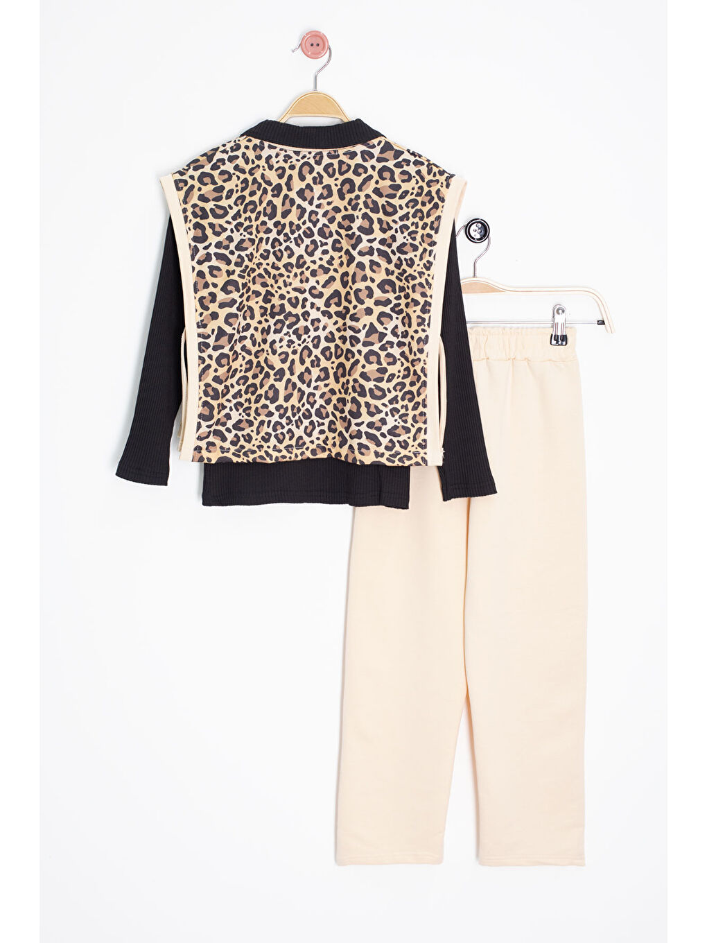 Ekru Krem Leopar Desenli Süveterli Badili Kız Çocuk Pantolonlu 3lü Takım 20665-3