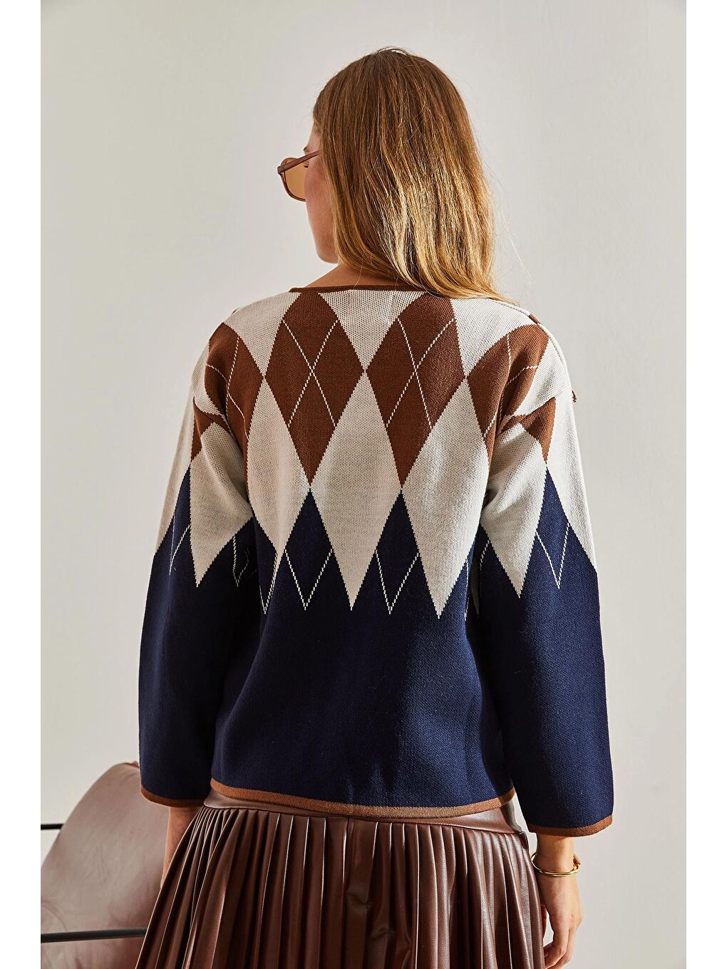 Lacivert Kadın Baklava Desenli Triko Hırka-2