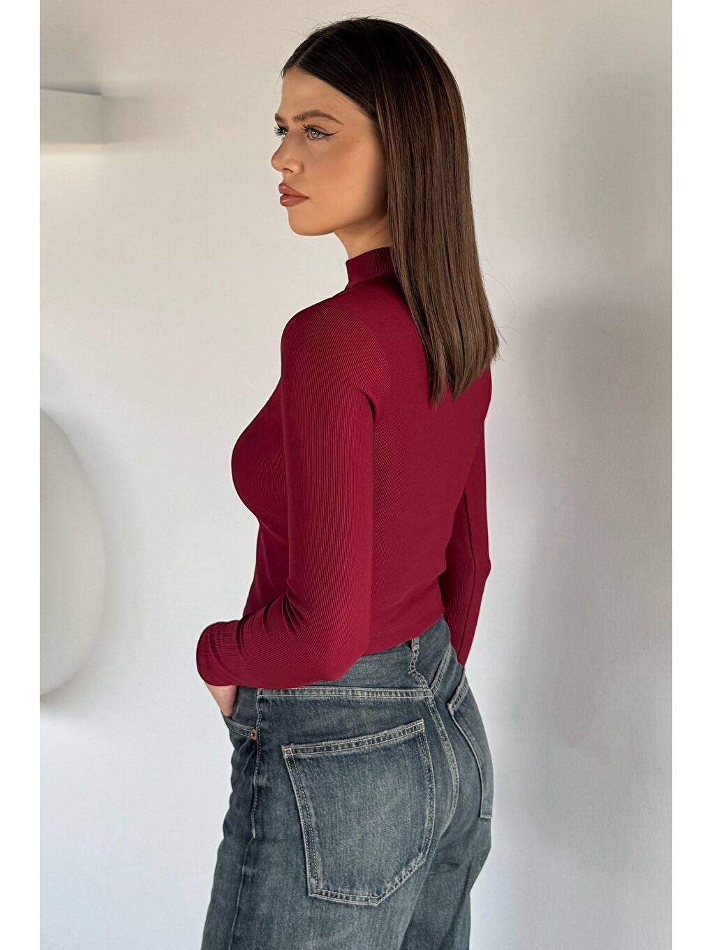 Bordo Kadın Ön Pencereli Kendinden Çizgi Desenli Bluz-3