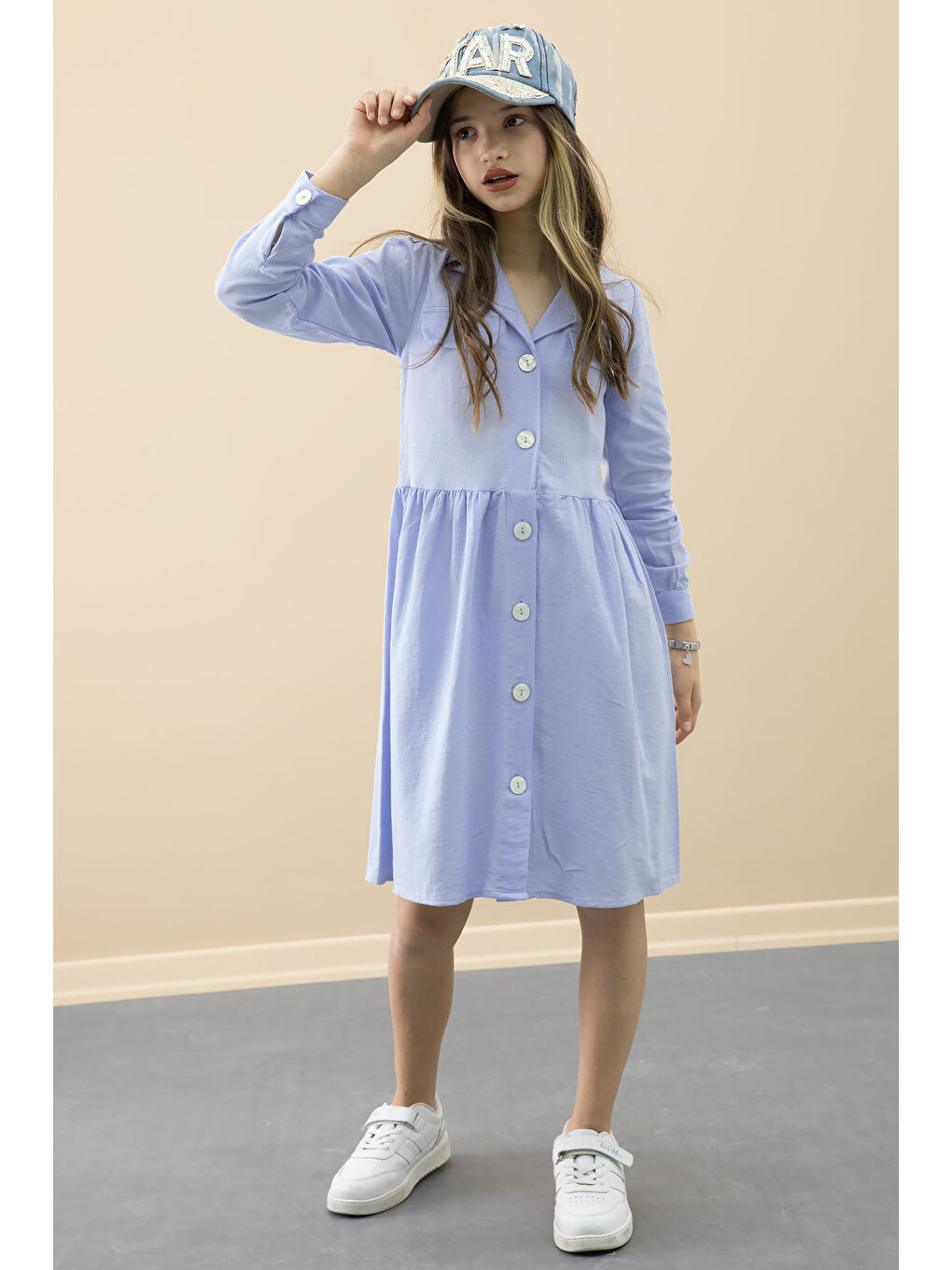 Mavi Düğme Kapamalı Kız Çocuk Kapak Detaylı Uzun Kol Elbise 20700-1