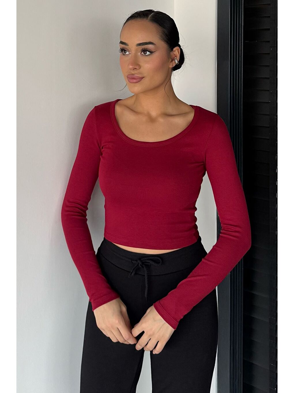 Bordo Kadın Uzun Kol Basic Elastanlı Slim Fit Body Bluz
