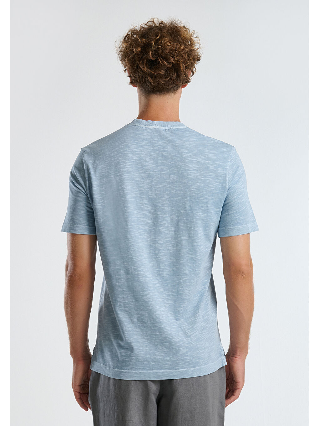 Erkek Açık Mavi %100 Pamuk Bisiklet Yaka Slub T-Shirt-1