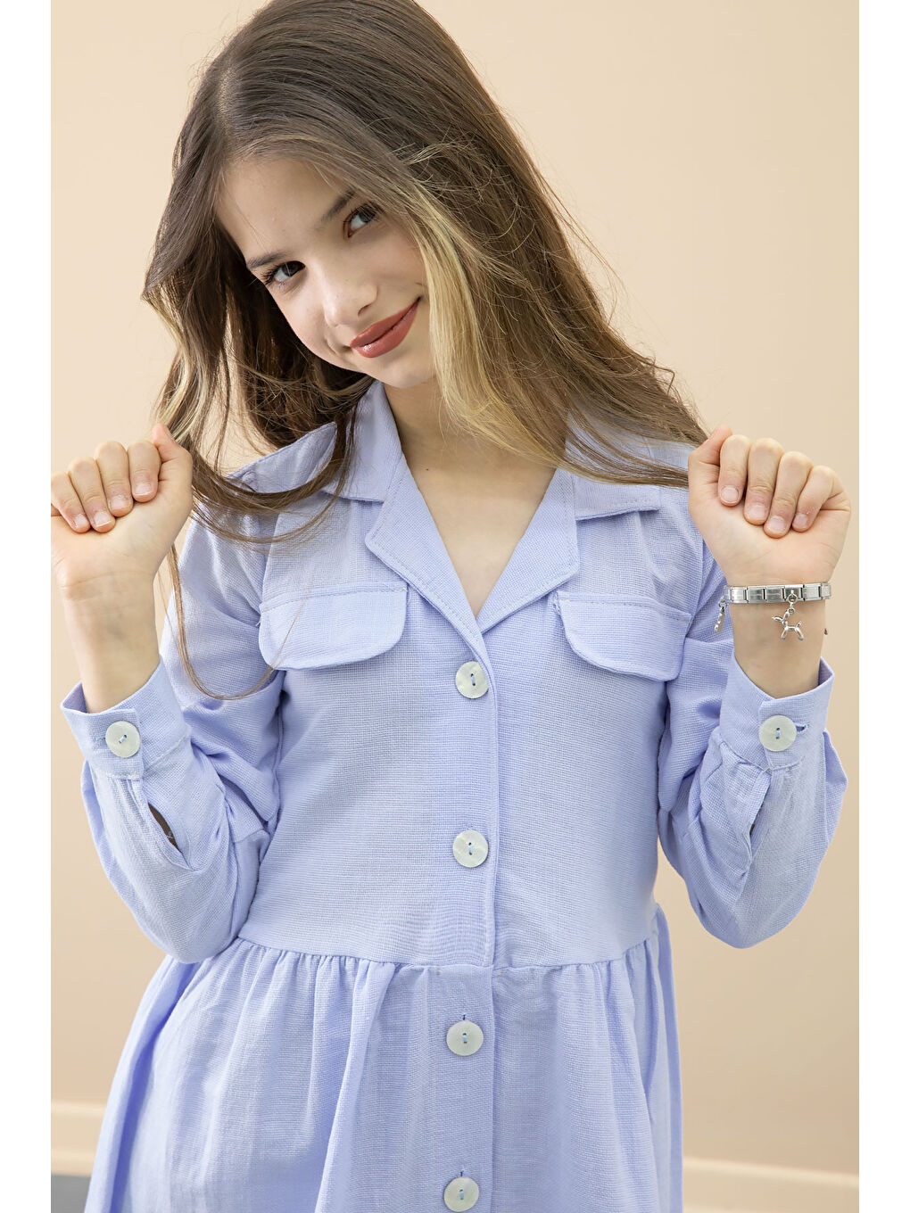 Mavi Düğme Kapamalı Kız Çocuk Kapak Detaylı Uzun Kol Elbise 20700-3