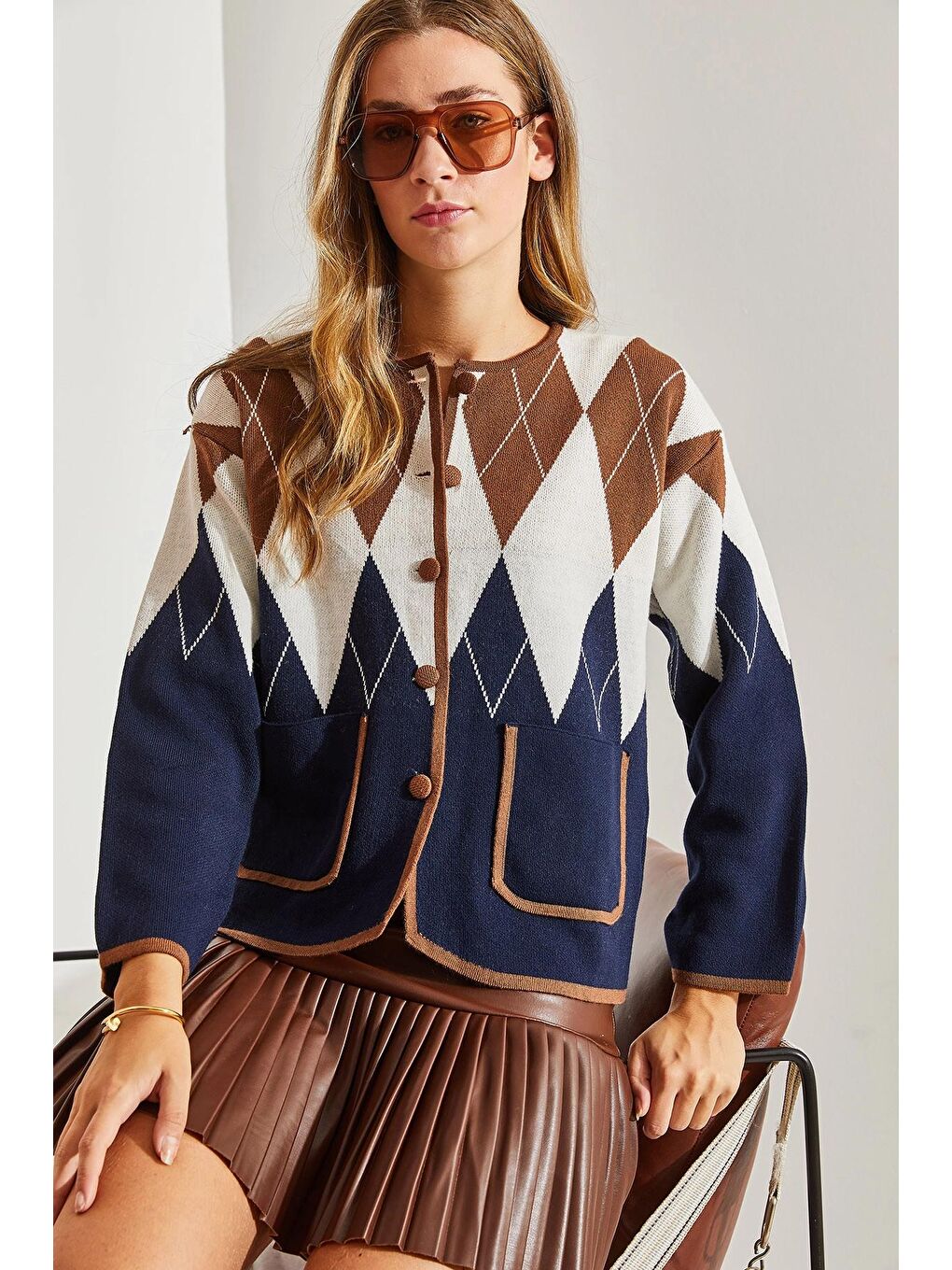 Lacivert Kadın Baklava Desenli Triko Hırka-3