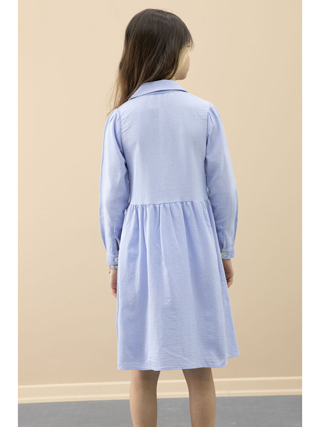 Mavi Düğme Kapamalı Kız Çocuk Kapak Detaylı Uzun Kol Elbise 20700-4