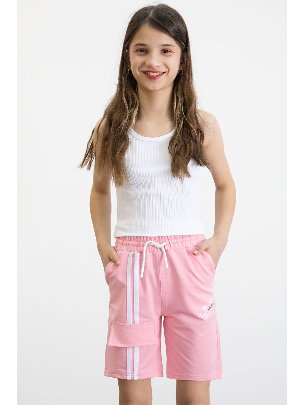 Pembe Beli Lastikli Şerit Detaylı Kız Çocuk Şort 20750