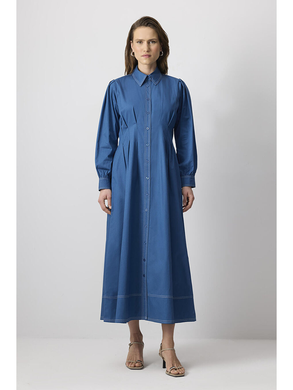 İndigo %100 Pamuklu Kontrast Dikişli Gömlek Elbise