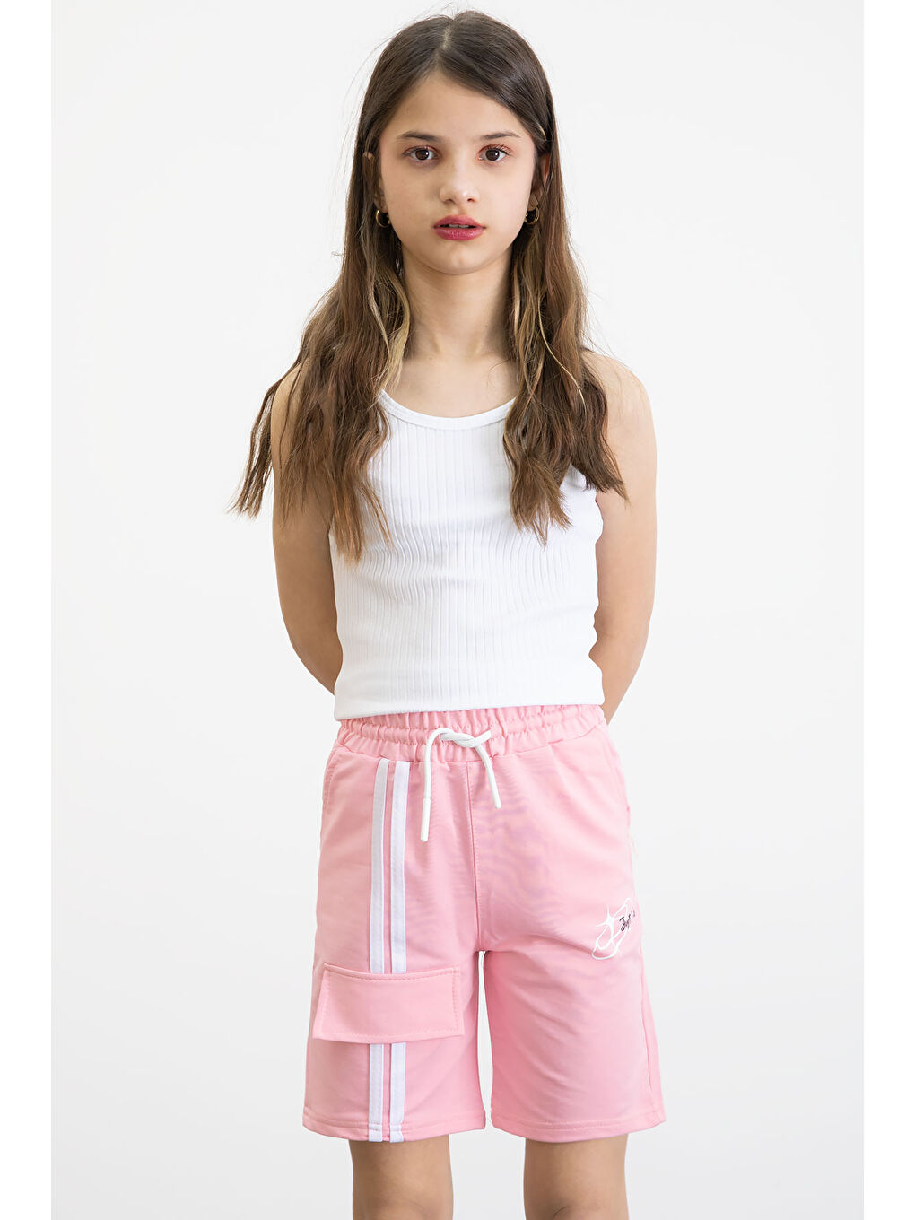 Pembe Beli Lastikli Şerit Detaylı Kız Çocuk Şort 20750-2