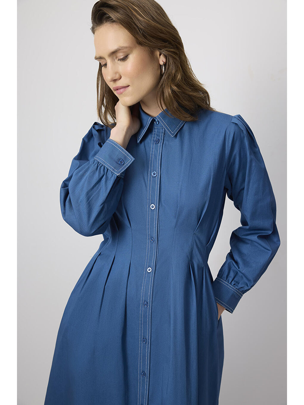 İndigo %100 Pamuklu Kontrast Dikişli Gömlek Elbise-1
