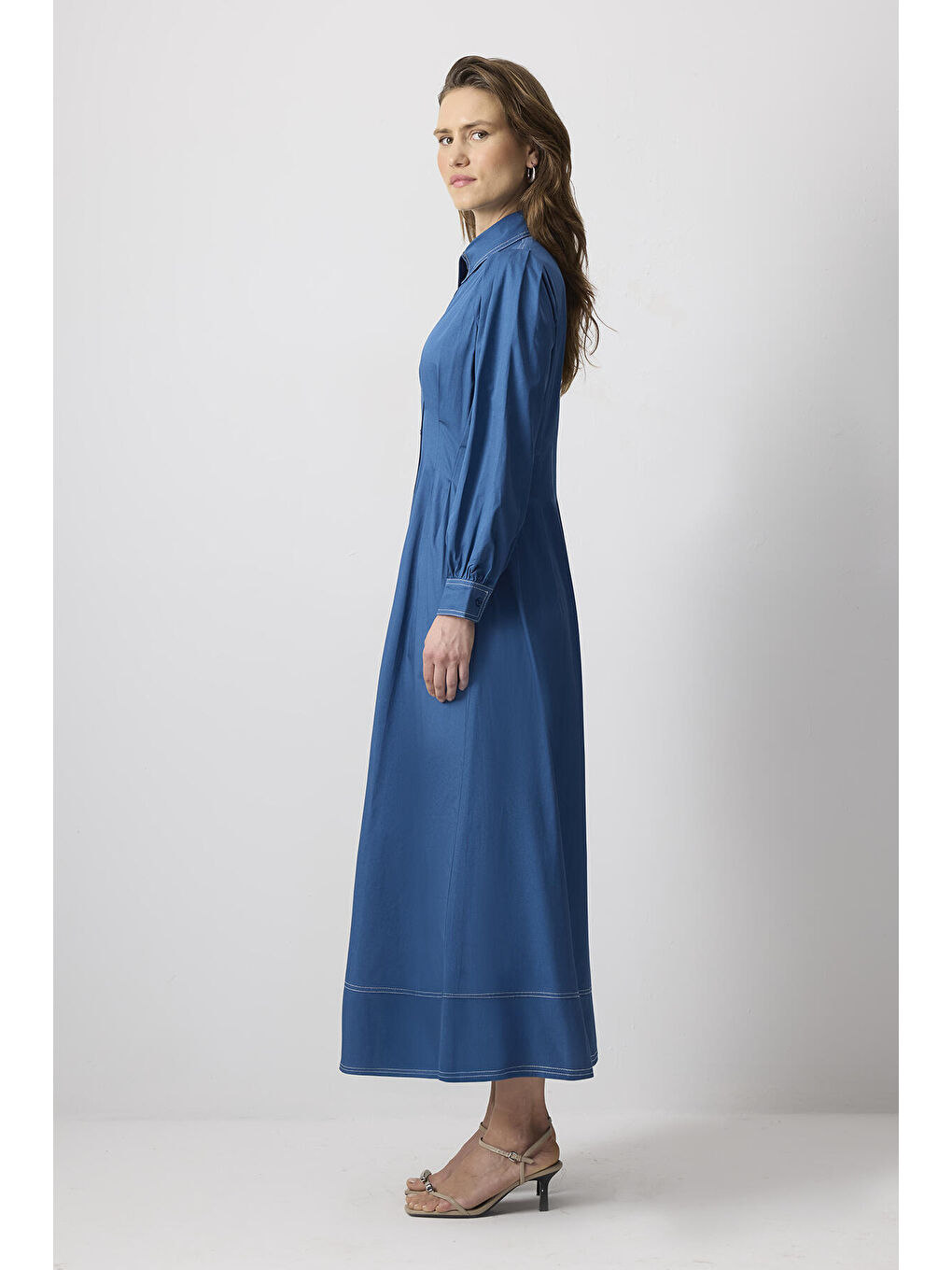 İndigo %100 Pamuklu Kontrast Dikişli Gömlek Elbise-2