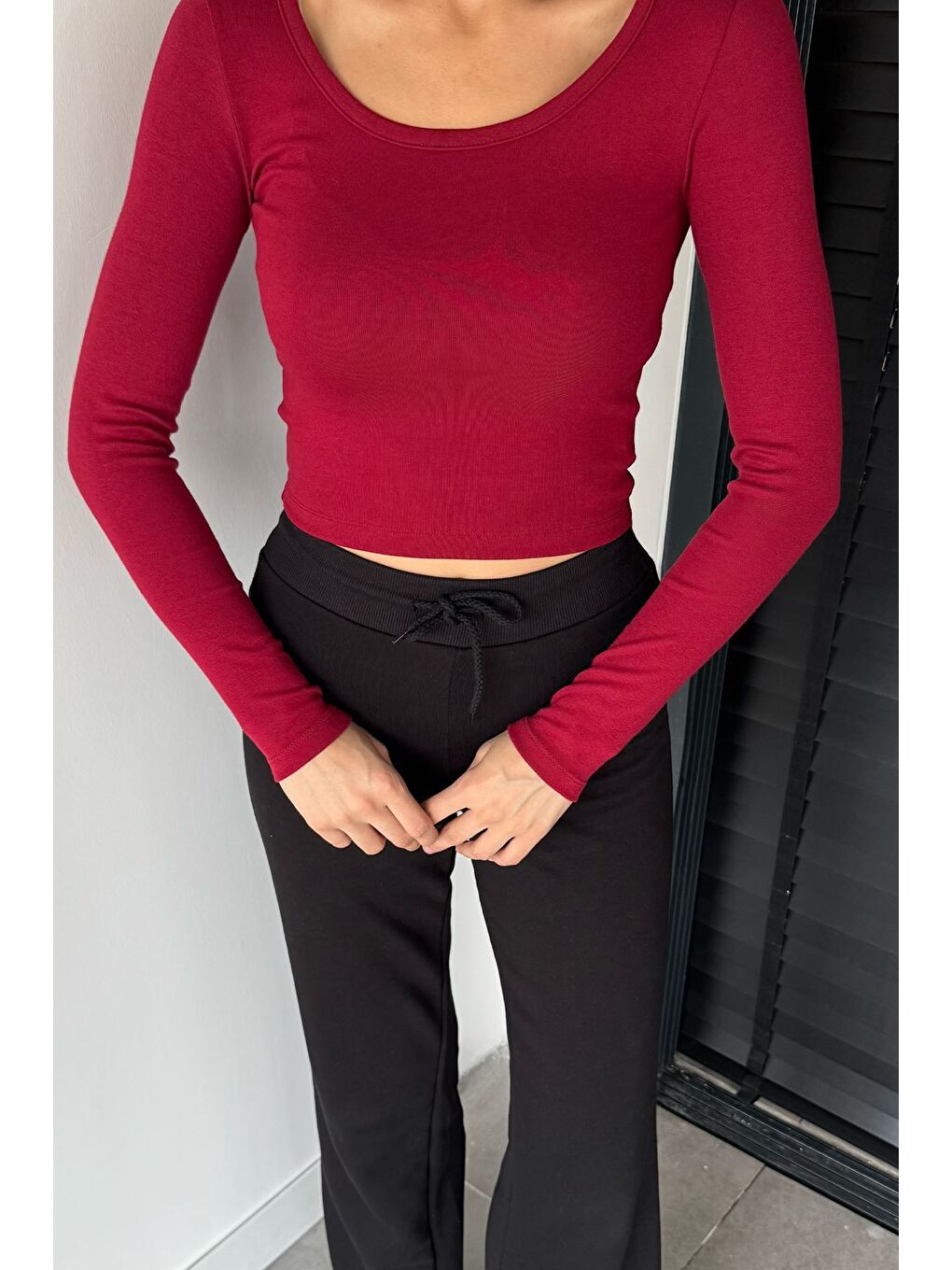 Bordo Kadın Uzun Kol Basic Elastanlı Slim Fit Body Bluz-2