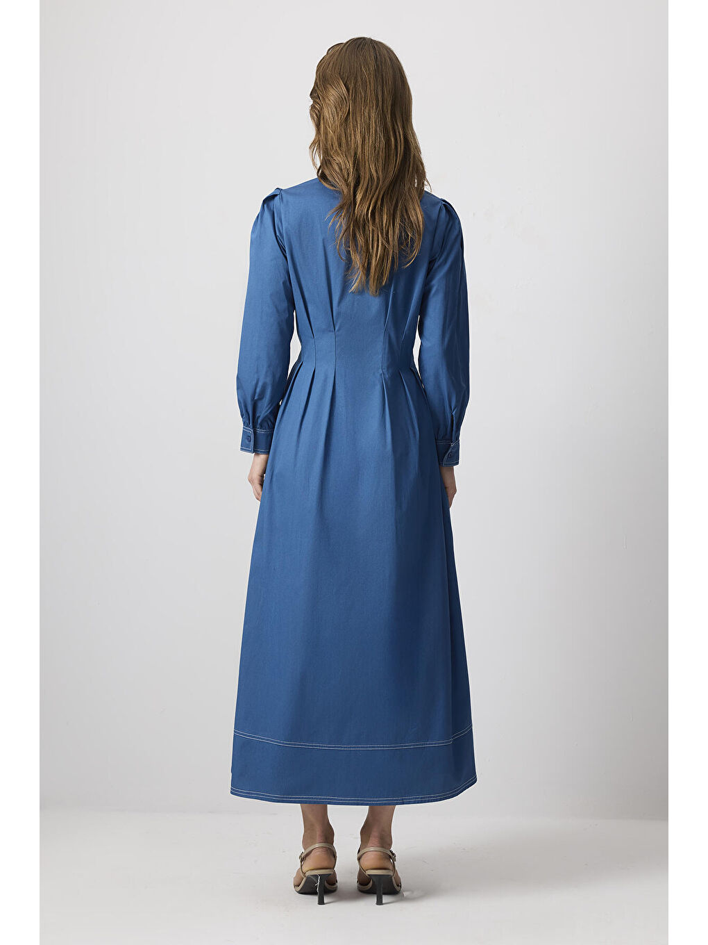 İndigo %100 Pamuklu Kontrast Dikişli Gömlek Elbise-3