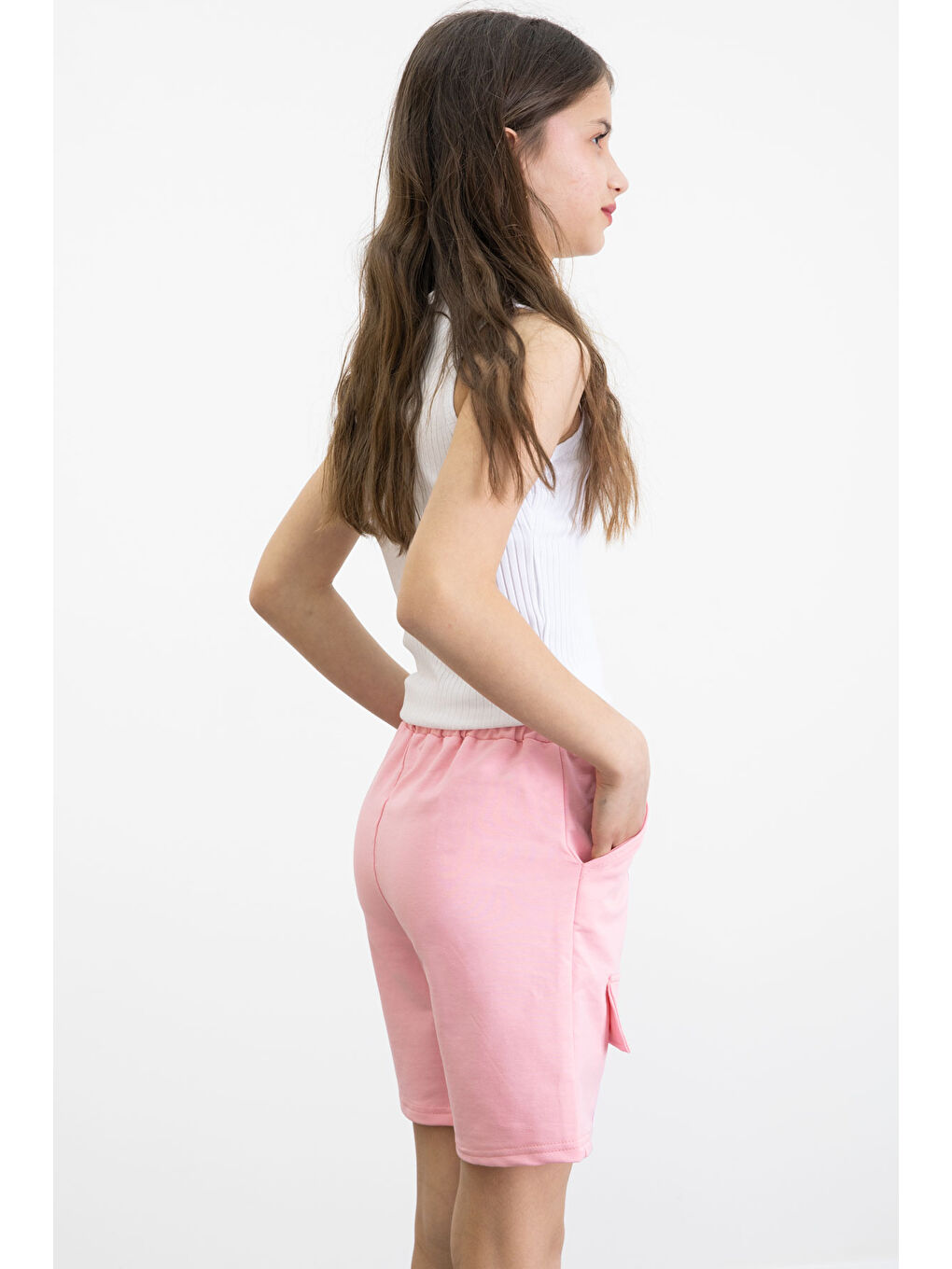 Pembe Beli Lastikli Şerit Detaylı Kız Çocuk Şort 20750-3