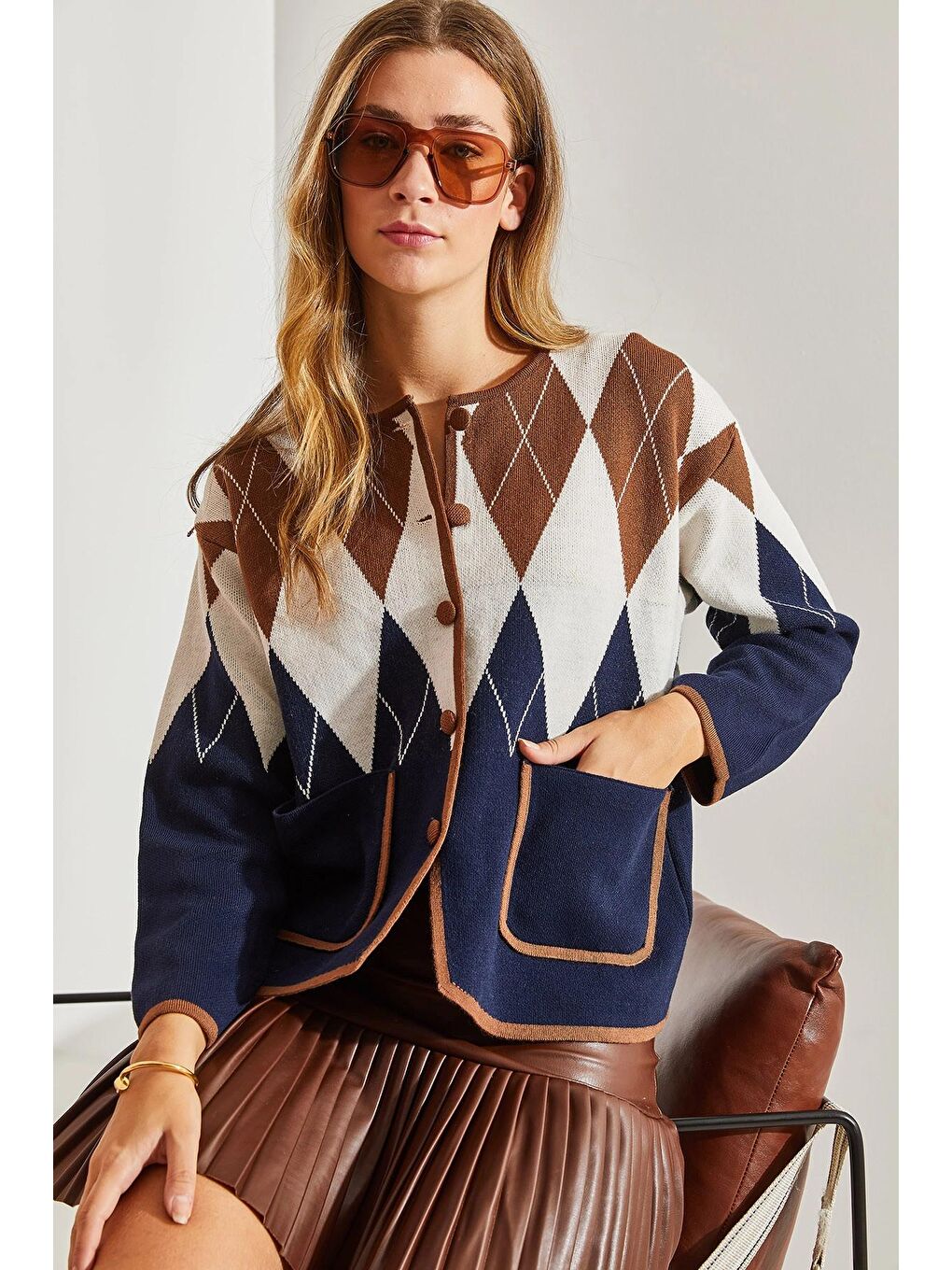 Lacivert Kadın Baklava Desenli Triko Hırka-4