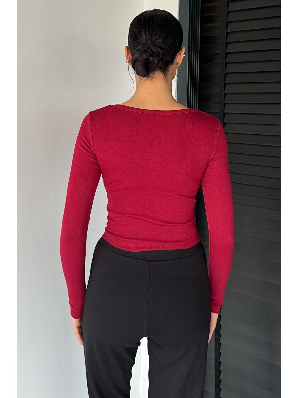 Bordo Kadın Uzun Kol Basic Elastanlı Slim Fit Body Bluz-3