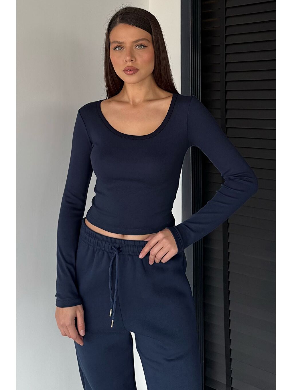 Lacivert Kadın Uzun Kol Basic Elastanlı Slim Fit Body Bluz