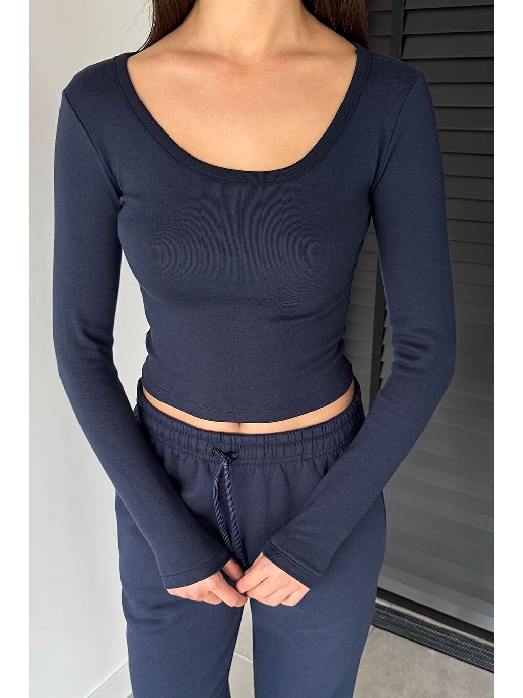 Lacivert Kadın Uzun Kol Basic Elastanlı Slim Fit Body Bluz-1