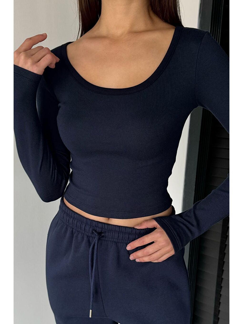 Lacivert Kadın Uzun Kol Basic Elastanlı Slim Fit Body Bluz-2